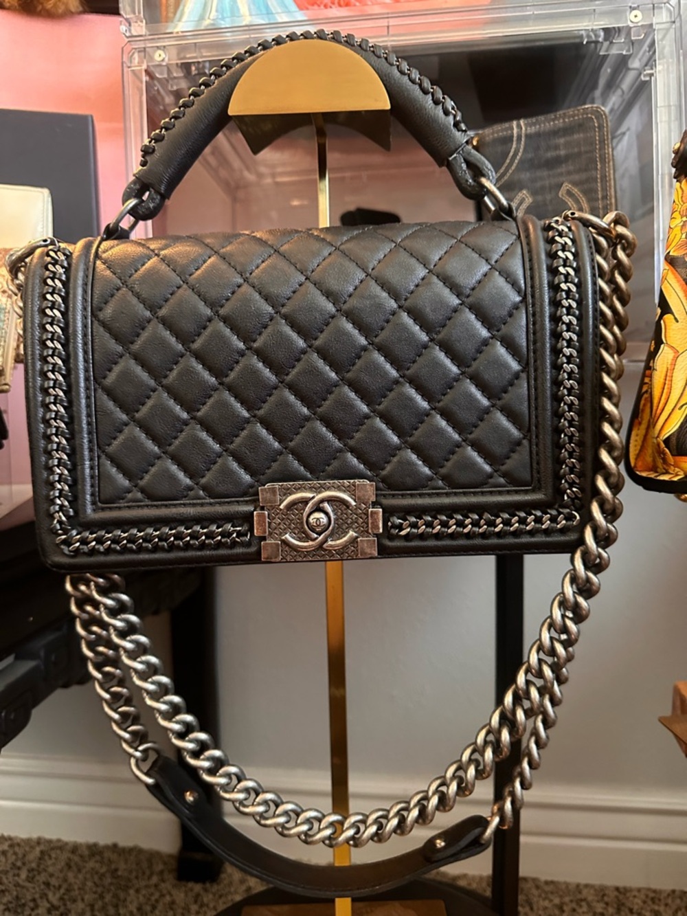 Chanel Lambskin Black Medium Ruthenium Gunmetal Chain Around Top Handle Boy Bag